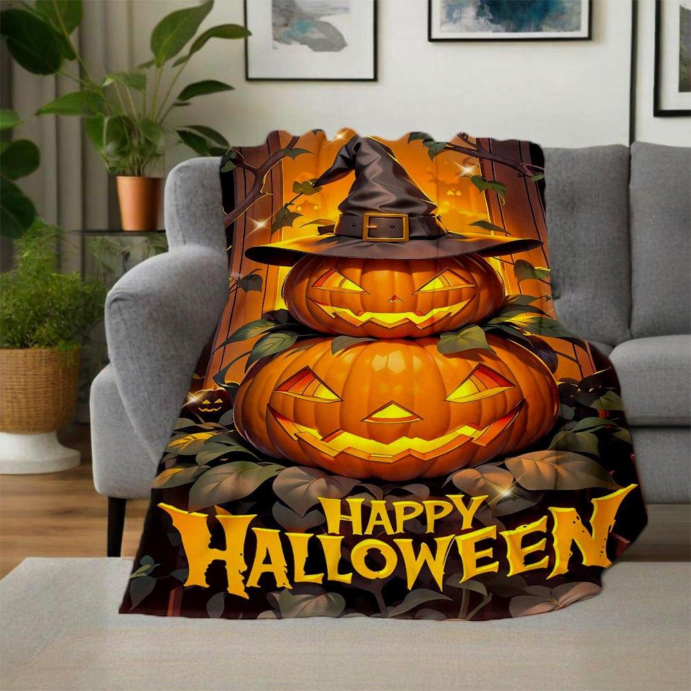 Halloween Jack-o'-lanterns with Witch Hats DecorationsBlanket Flannel Throw Blanket for Sofa, Bed, Travel, Camping, Office