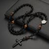 Collana Lunga in Pietra Lavica Naturale e Occhio di Tigre con Ciondolo a Forma di Croce in Ematite per Uomo Gioielli Rosario