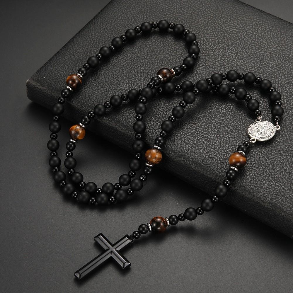 Collana Lunga in Pietra Lavica Naturale e Occhio di Tigre con Ciondolo a Forma di Croce in Ematite per Uomo Gioielli Rosario
