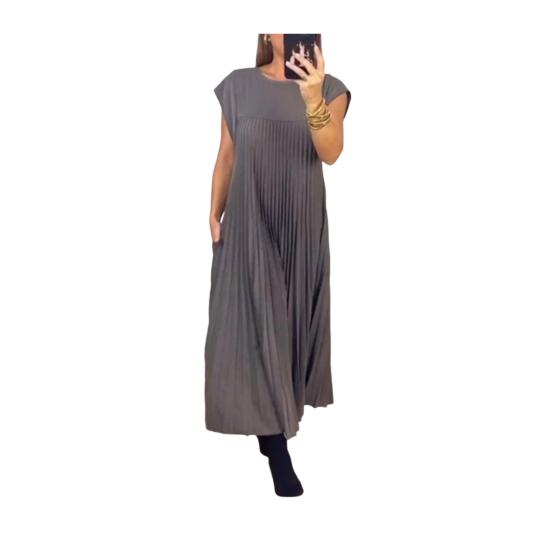 Women s Summer Sleeveless Midi Dress Casual Crewneck Pleated A Line Swing Dress Flowy Long Party Dress S серый