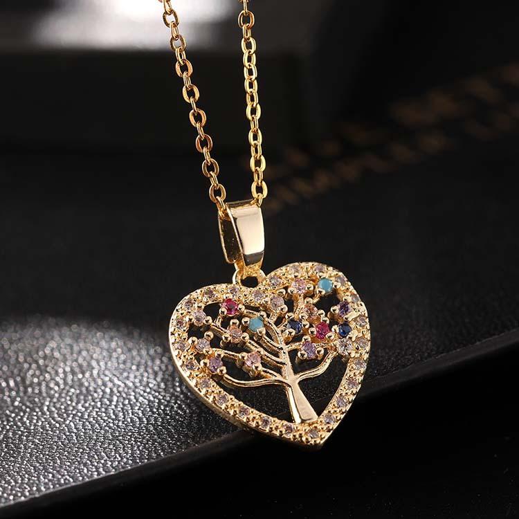 

Colorful Zircon Hollow Heart Shape Tree of Life Pendant Necklace with Tassel Design Women s Jewelry