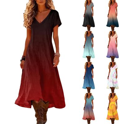 Fashionable Women's Summer V-neck Short Sleeved Gradient Printed Beach Dress