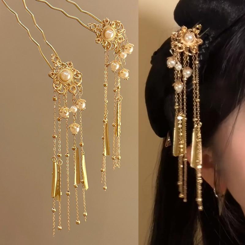 Chinese Hanfu Hair Accessories For Women Floral Tassel Hair Forks Traditional Bride Hairpin Vintage Headdress