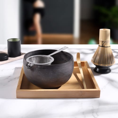 ZENRC Ceremonial Pink Matcha Kit - Traditional Bamboo Matcha Whisk, Scoop, Tea Bowl with Spout, Whisk Holder, and Sieve Tea Tray - Perfect Matcha Set