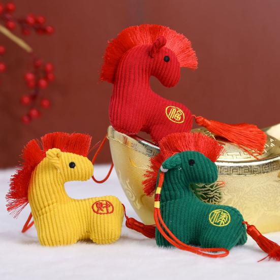 Plush Horse Toy Hanging Decoration Stuffed Lucky Pony Plushie with Red Tassels Year of Horse Mascot Doll Bag Charm New Year Holiday Gift