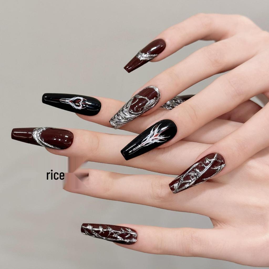 Yihe Wearable Nails - Dark Goth Red & Silver Manicure Set for European & American Styles