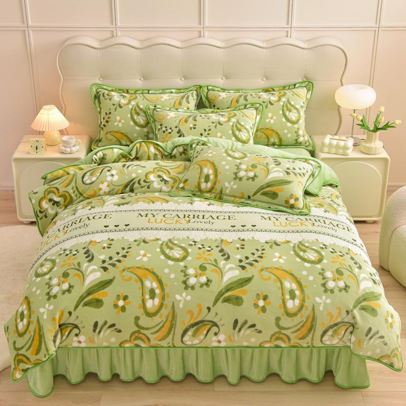 

Флисовый набор 4 предмета Молочный флис Коралловый флис Фланель Простыня Пододеяльник Осень И Зима Флис Мелкобуржуазный 1.8m Bed Skirt 4pc зелёный