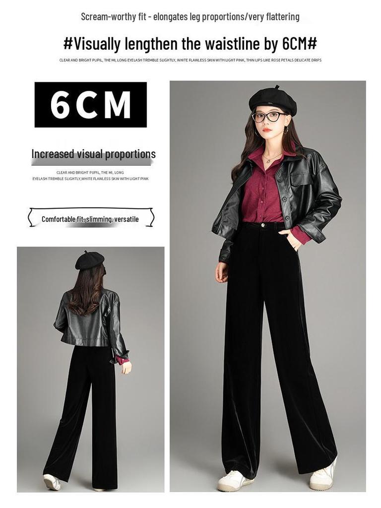 Women's Gold Velvet High-Waisted Wide-Leg Pants - Spring 2026 Slimming, Straight-Leg, Solid Color, Long and Versatile.