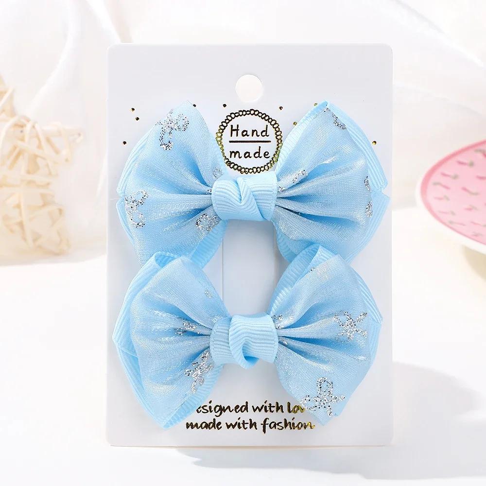 2PCS /Set Embroidery Bowknot Hair Clips 2.7inch Cheer Bows Handmade Hairgripes for Kids Girls Headdress Hair Accessories