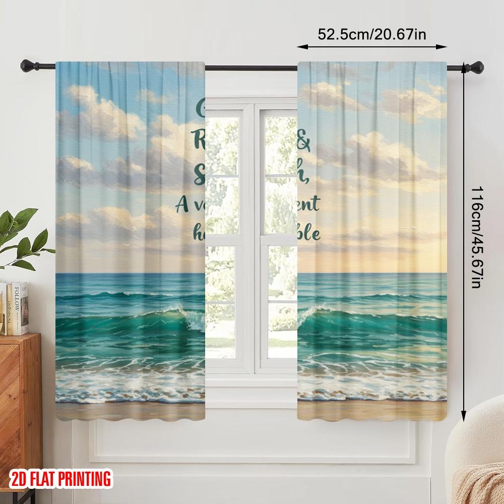 2pcs 2D Flat Printing Drapes Ocean Beach Waves God Refuge Strength Polyester Without Electricity 0 Use for Holiday Family