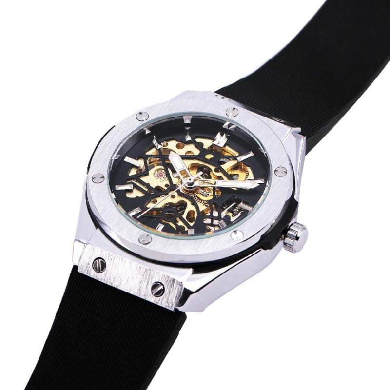 Mens Fashion Automatic Mechanical Watch With Skeleton Dial Stainless Steel Buckle Rubber Strap 43.8mm Barrel Case