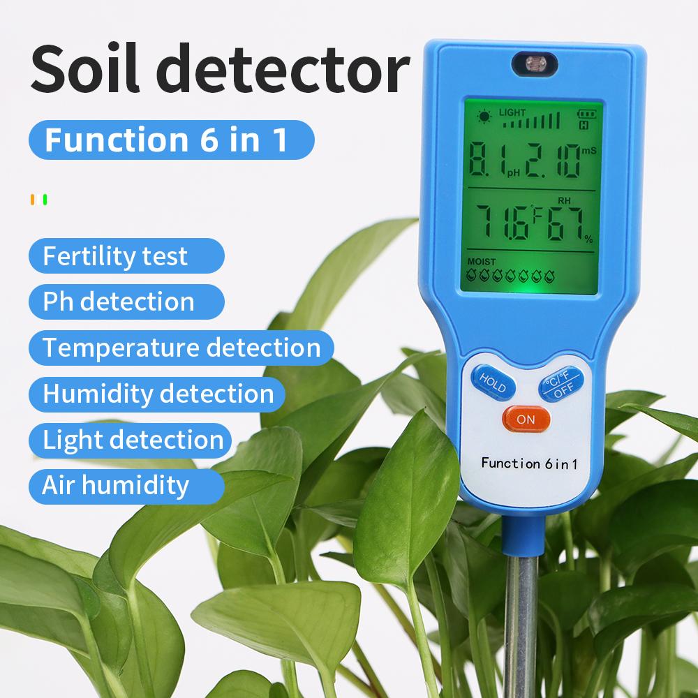 Yieryi 6 In 1 Soil PH Meter Moisture Temperature Light EC Fertility Tester Digital Garden Plant Soil Detector for Vegetable Farm