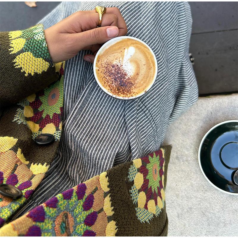 Jacquard Short Jacket Embroidery Thickened Warm Women Patchwork Lapel Short Coat Large Size Long Sleeve Loose Casual Outwear Retro Style Autumn