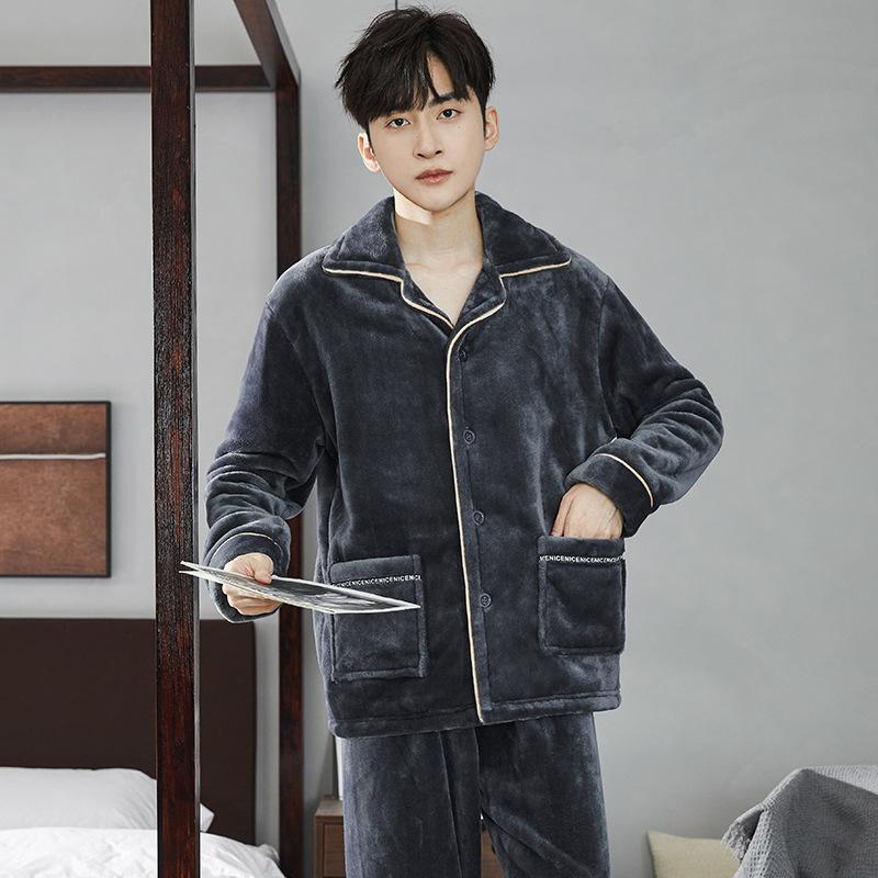 Set Pigiama da Uomo Inverno Ispessito Abbigliamento da Casa per Uomo Pigiami in Pile Corallo 2 Pezzi Pigiami Caldi Abbigliamento da Casa da Uomo