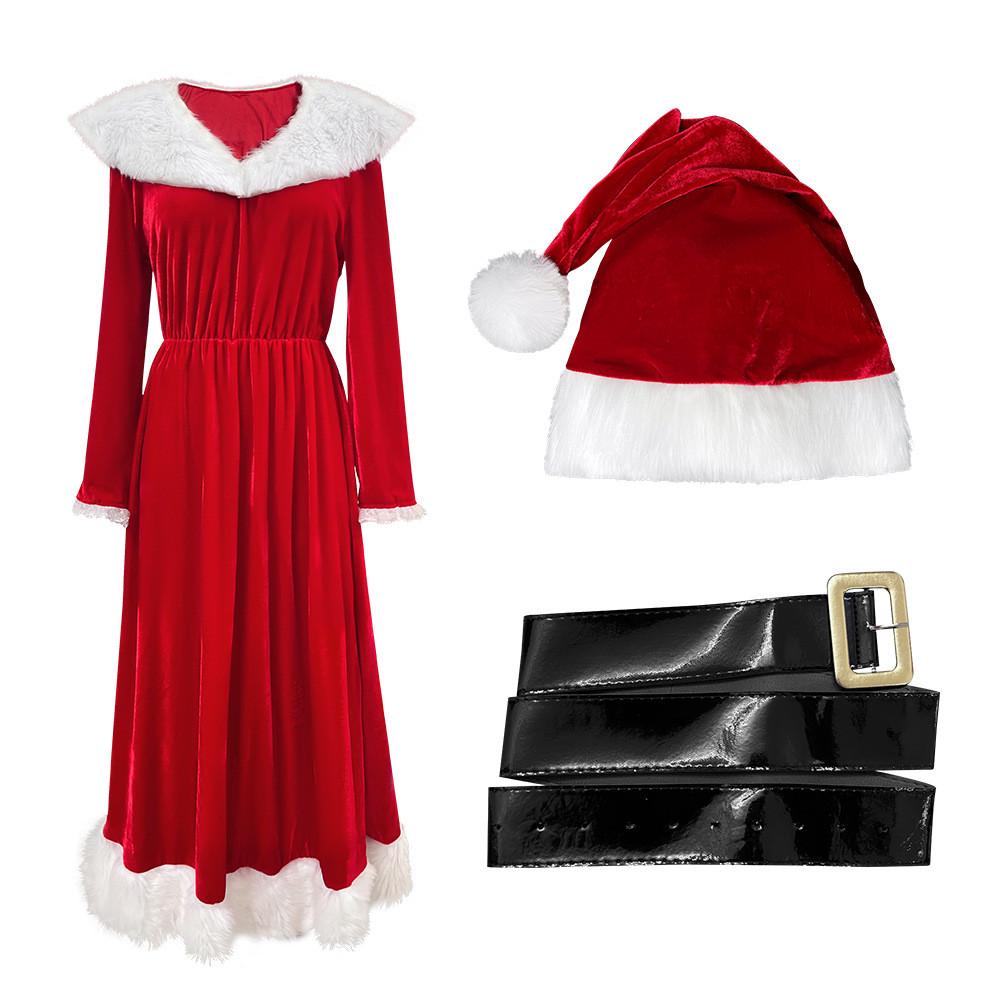 

Women Elegant Velvet Long Dress With Hat And Belt For Christmas And Holiday Events Pointed Cap,M