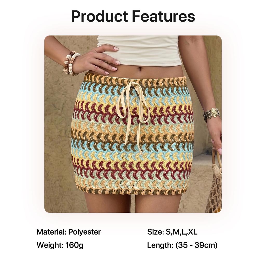 Women Crochet Striped Mini Skirt, Colorful Boho Knit Bodycon Skirt with Drawstring High Waist Summer Beach Short Pencil Skirt