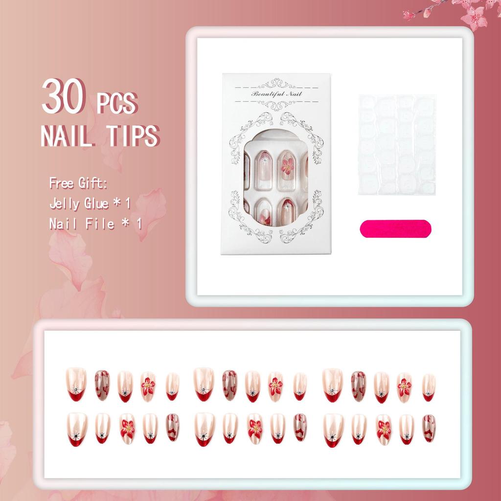 30-Piece Red French Manicure Set: European & American 3D Flower Cat Eye Almond Nails with Gilded Accents