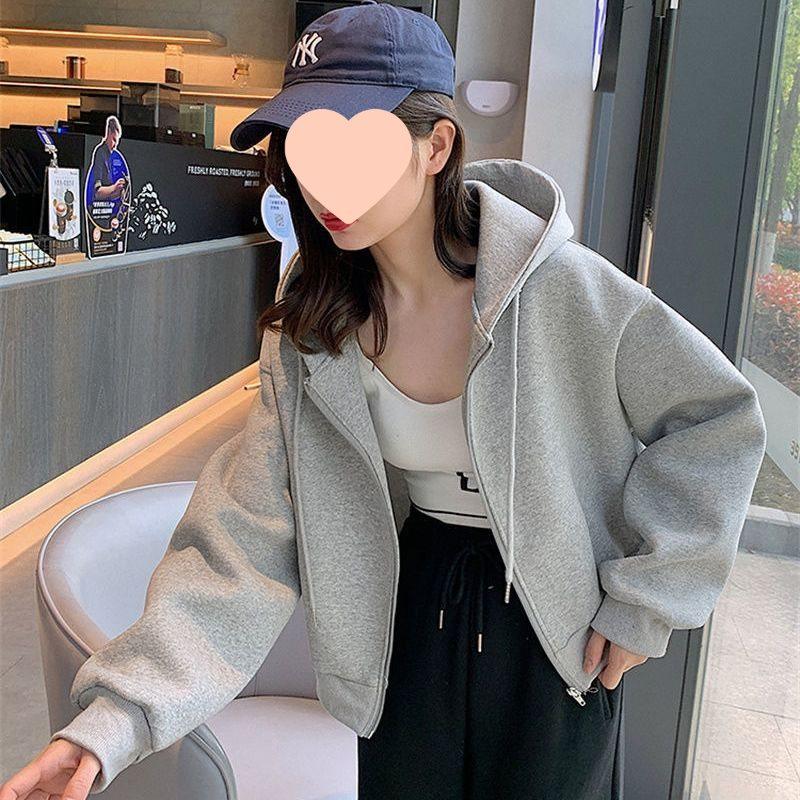 Petite Women's Gray Zip-Up Hoodie - Loose Fit, Thick Fleece Lining, Autumn/Winter 2025