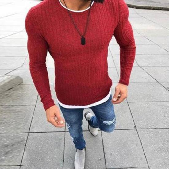 Men Winter Solid Color O Neck Long Sleeve Knitted Pullover Slim Thin Sweater