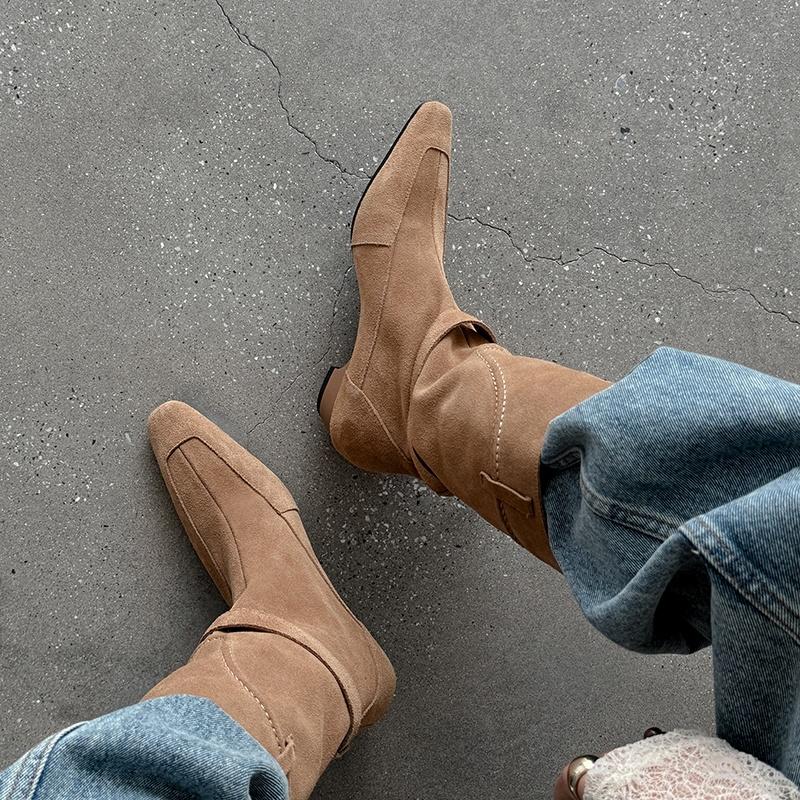Fashion 2025 Autumn Winter New Trend Natural Cow Suede Retro Women Shoes Mid Calf Boots Brown Mid Heel Chunky Heels Square Toe Boots