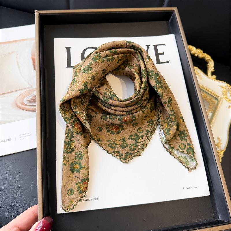 Spring Summer Retro Small Flower Scarf Fashionable Cotton Linen Square Artistic Versatile Women's Neck Protector Hair Strap