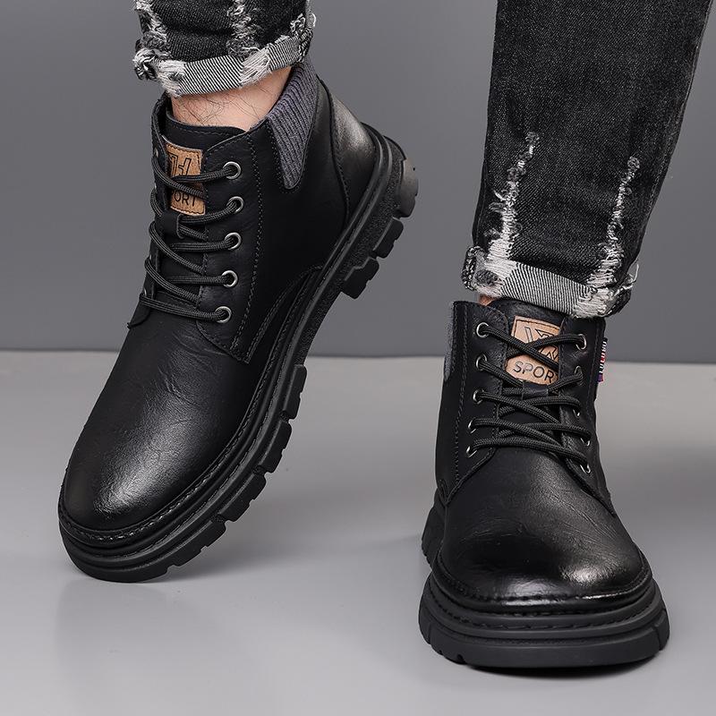 Fashion Men's Winter High Top Lace-Up Boots Thermal Lined Warm Leather Casual Shoes Waterproof Outdoor Platform Sole Ankle Boots