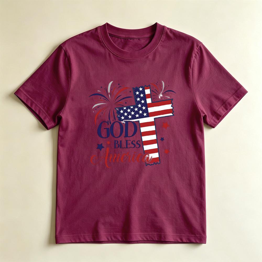 God Bless America American Flag Cross Graphic TShirt Patriotic 4th Of July Christian Tee Usa Independence Day Faith T