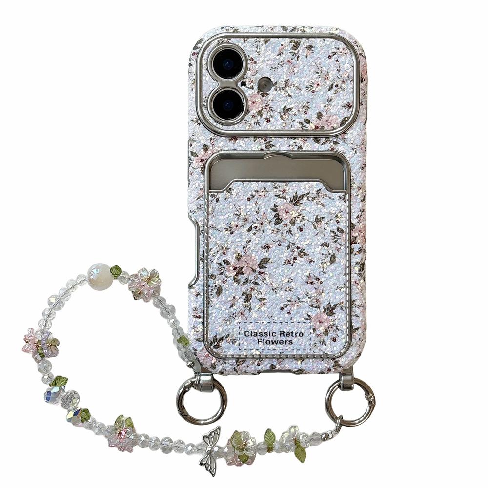 KEYSION Women Girl's Flower Phone Case for iPhone 14 15 16 17 Pro Max Card Holder Bag Shockproof Cover with Bead Bracelet Chain
