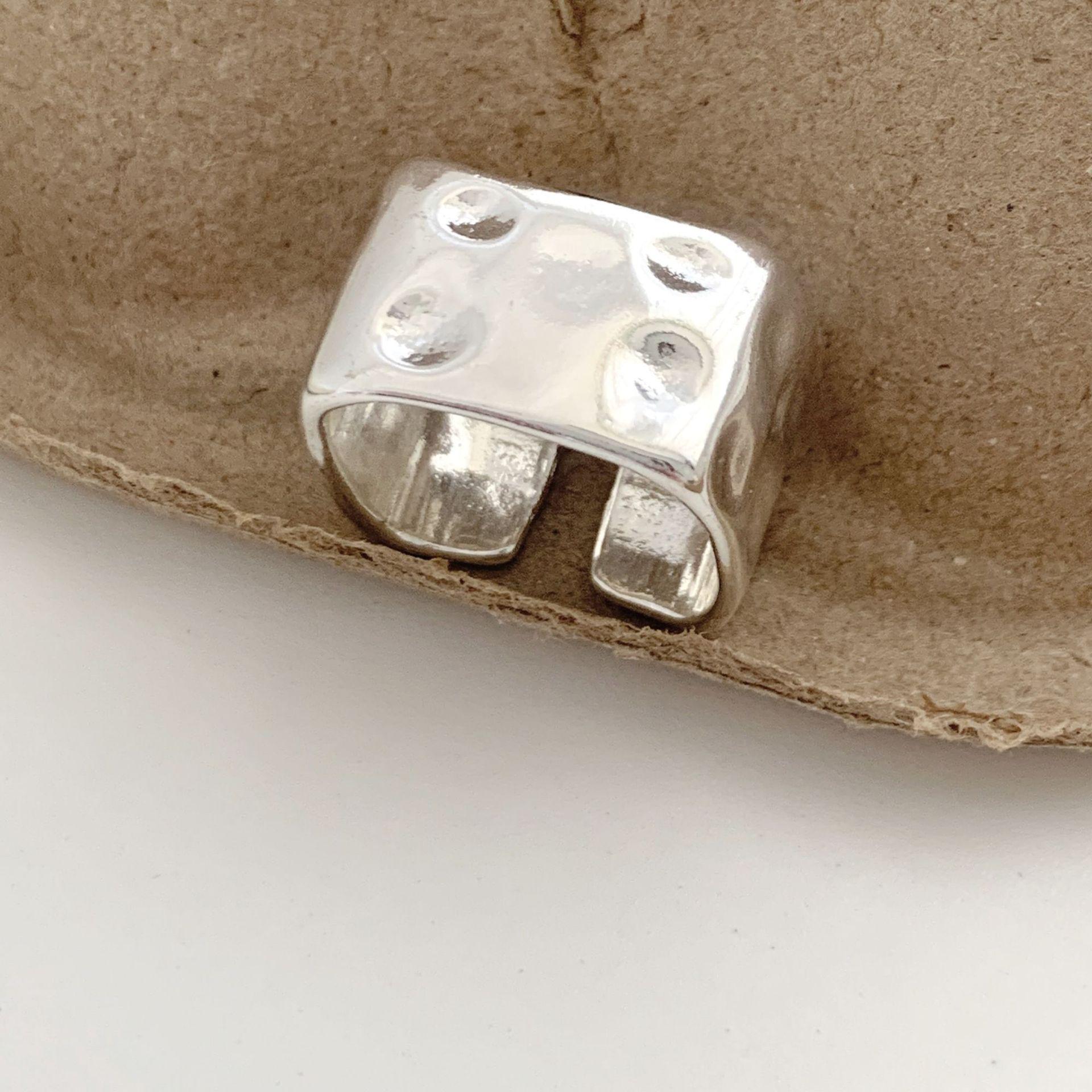 Korean Style Geometric Hammered Texture Adjustable Ring for Women - Irregular Concave-Convex Design One Size