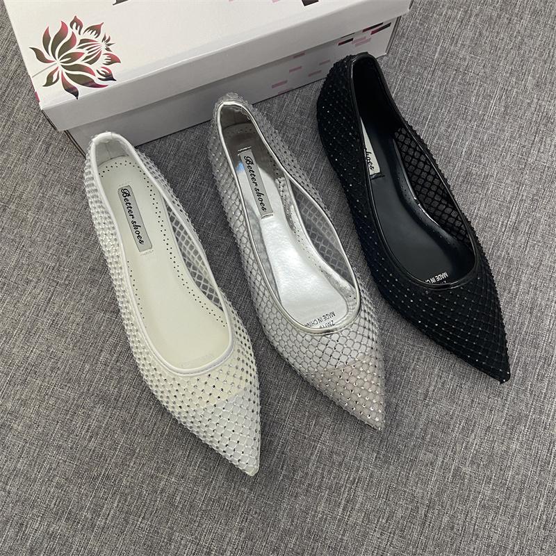 Fashion Flat Shoes for Women 2025 Spring and Autumn French New Sexy Mesh and Rhinestone Hollow Low Heel Shallow Mouth Women's Shoes