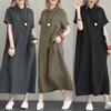 Polo Collar Cotton-Linen Short Sleeve Loose Pocket Dress