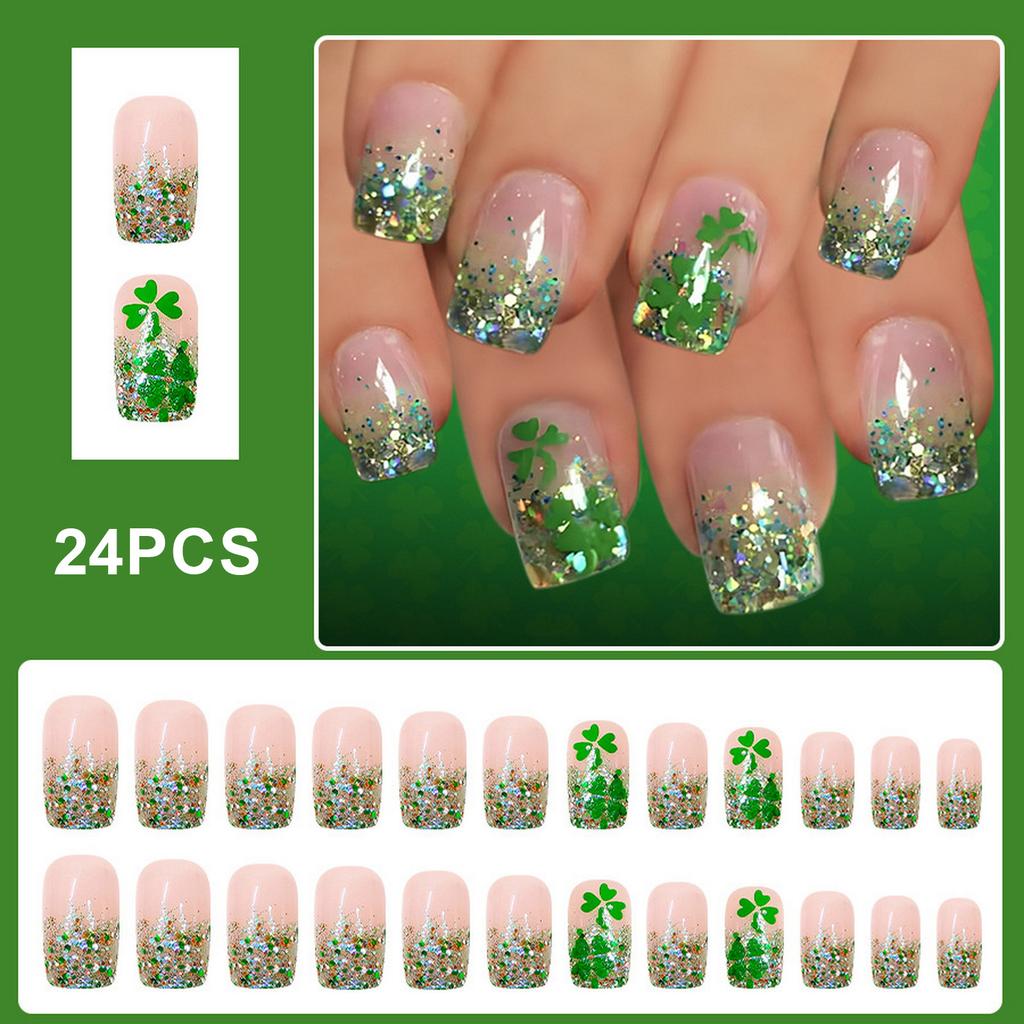 Green Glitter French Clover Artificial Nails 24 Pieces Short Matte False Nails For Daily Use