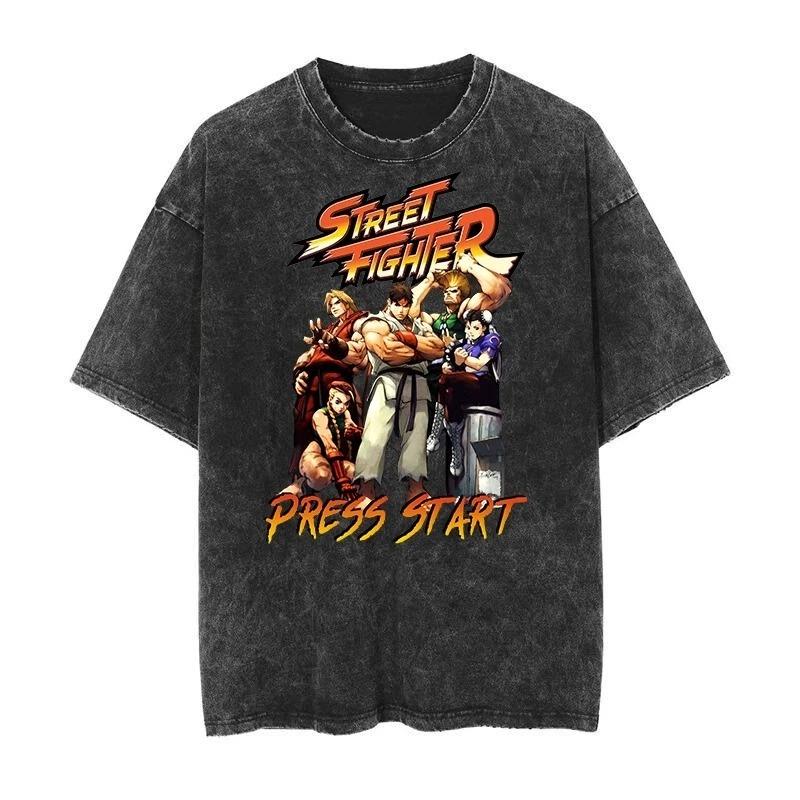 2026 Camiseta Lavada Vintage Street Fighter Jogo Clássico Estampada Harajuku Hip Hop Oversized Manga Curta Masculina Feminina Camisetas Tops Verão