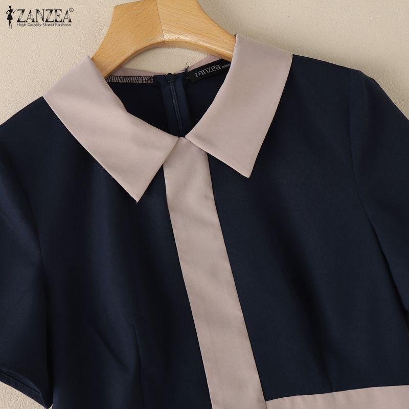 ZANZEA Women Casual Splice Turn Down Collar Loose Short Sleeve Dress
