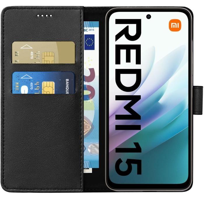 Coque pour Xiaomi Redmi 15 - Portefeuille Noir Rabat Clapet Aimanté Rangement Cartes Phonillico®