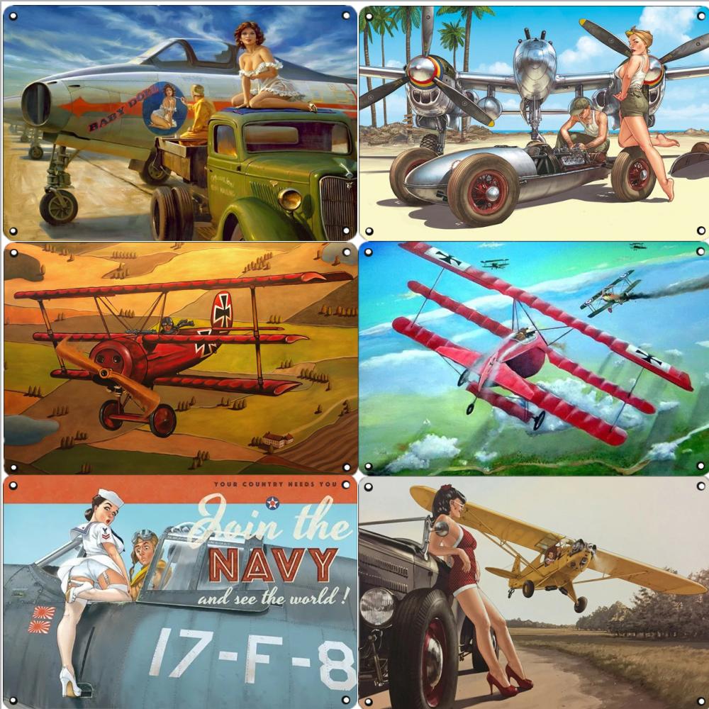 Vintage Classic Movie Tin Sign Retro Metal Plate Sexy Beauty Painting Wall Decor Airplane Plaque Pin Up Poster Room Decoration