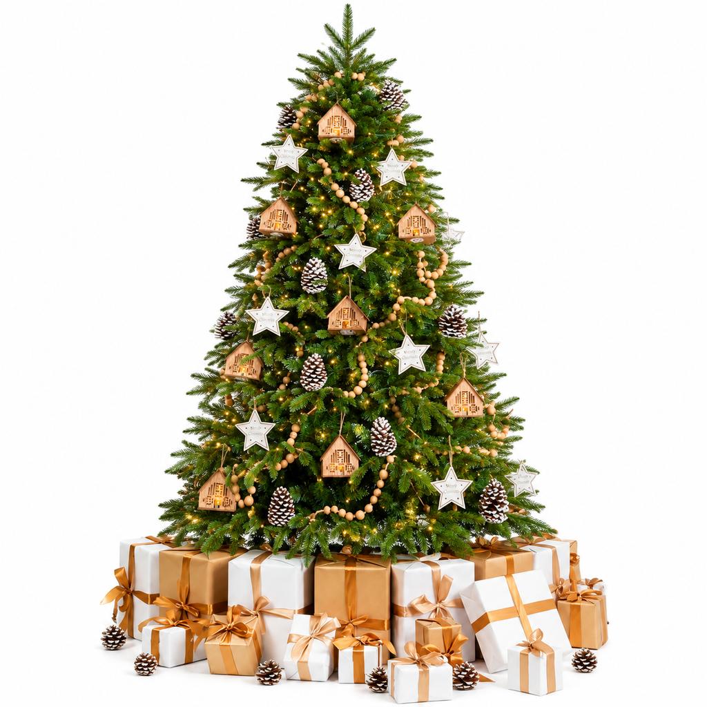 2.1m PE Artificial Christmas Tree with Wooden House Decor Set