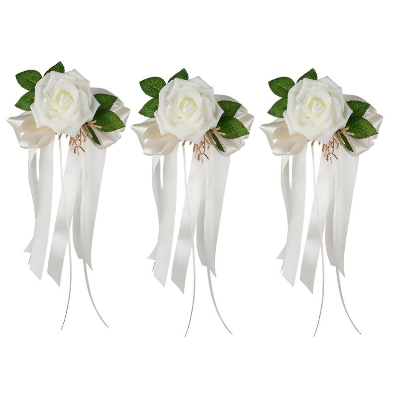 Wedding Rose Ornament for Car Use, Faux Rose Ribbon Accent for Engagement Signs, Party Tables, and Home Display