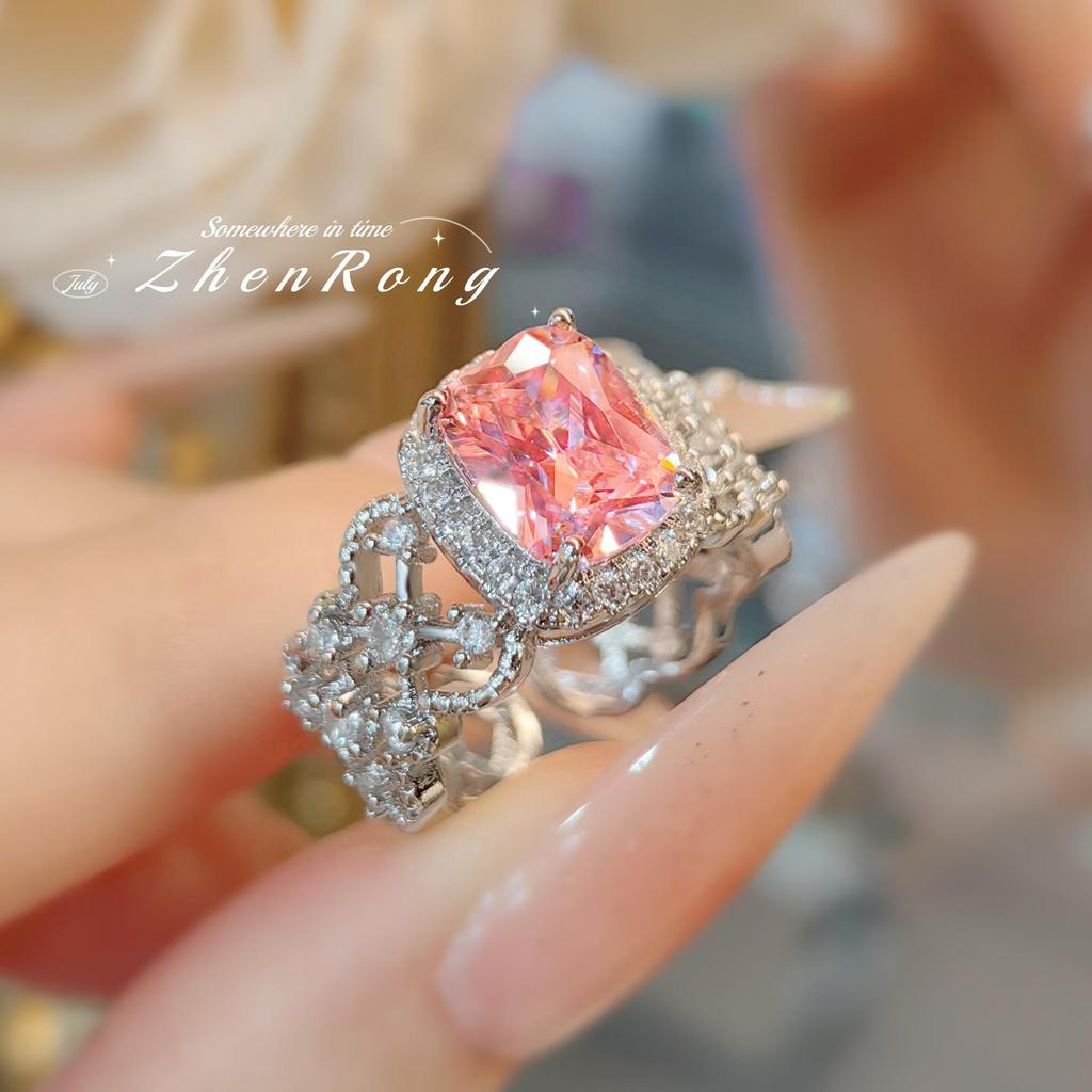 High Carbon Light Luxury Argyle Pink Diamond Bird's Nest Micro-Pave Ring for Women