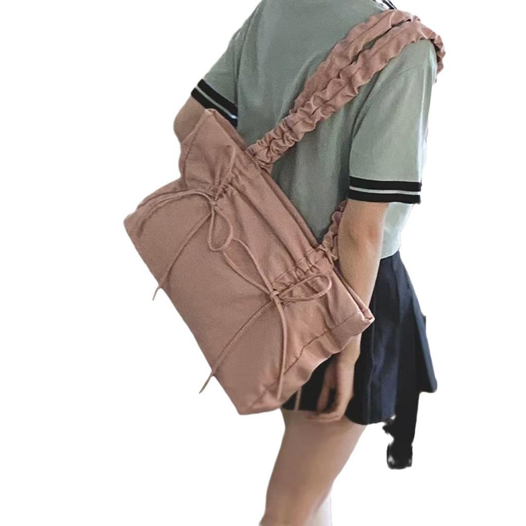 Han Suxi's same pleated bow drawstring bag for women's 2024 new trendy fashion Korean large-capacity tote bag