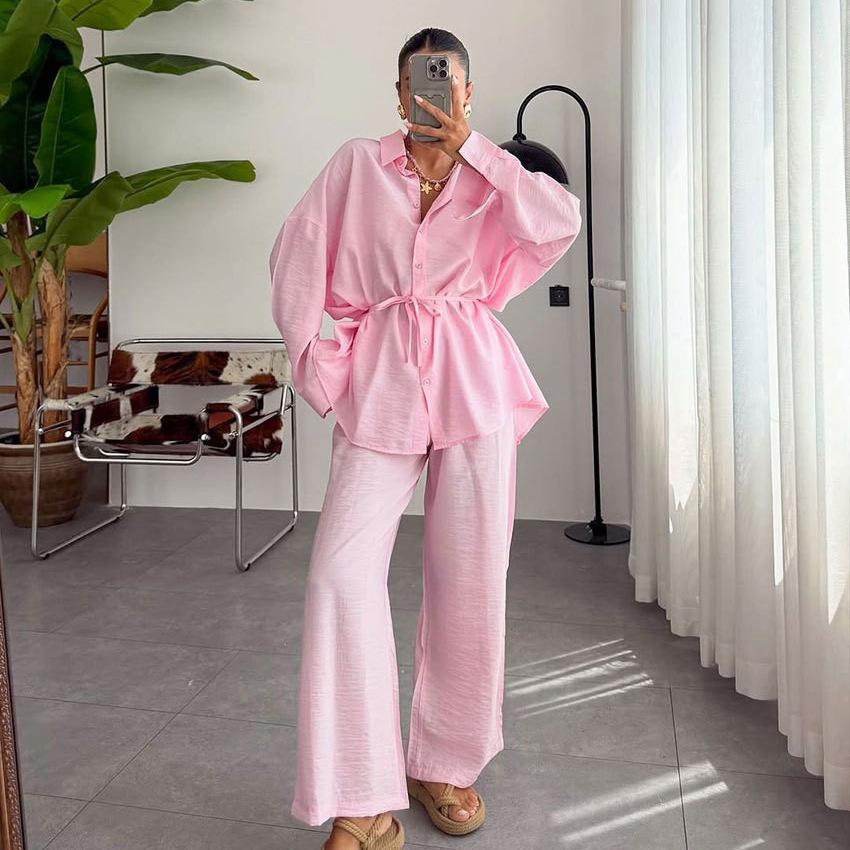 European and American New Products, Lazy Style, Solid Color Straps, Cardigan, Drape Wide-leg Pants, Casual Two-piece Set, Women's Pajamas, Loungewear