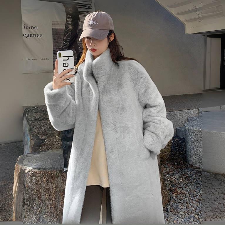 New winter environmentally friendly fur coat women's medium and long fashion large size stand-up collar plush temperament coat