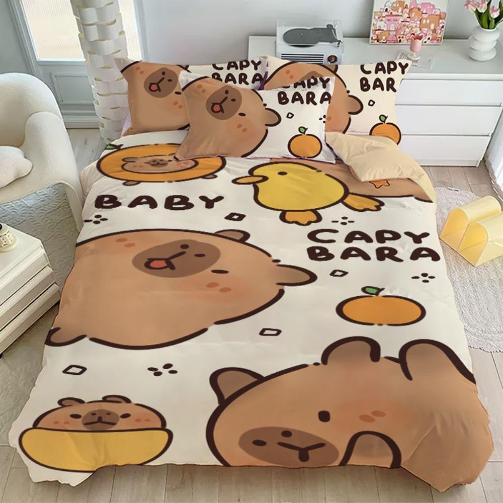 Motivo capibara dei cartoni animati, Set di biancheria da letto in microfibra, Biancheria da letto per bambini con cerniera, Decorazione per la stanza, Copripiumino per adolescenti e adulti, Set da 3 pezzi