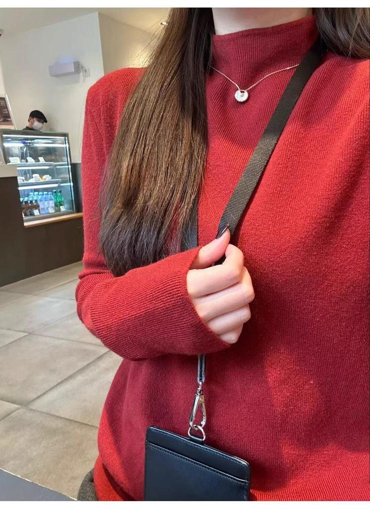 Women's Red Korean Style Sweater: Versatile Stand Collar Knit for Christmas and New Year