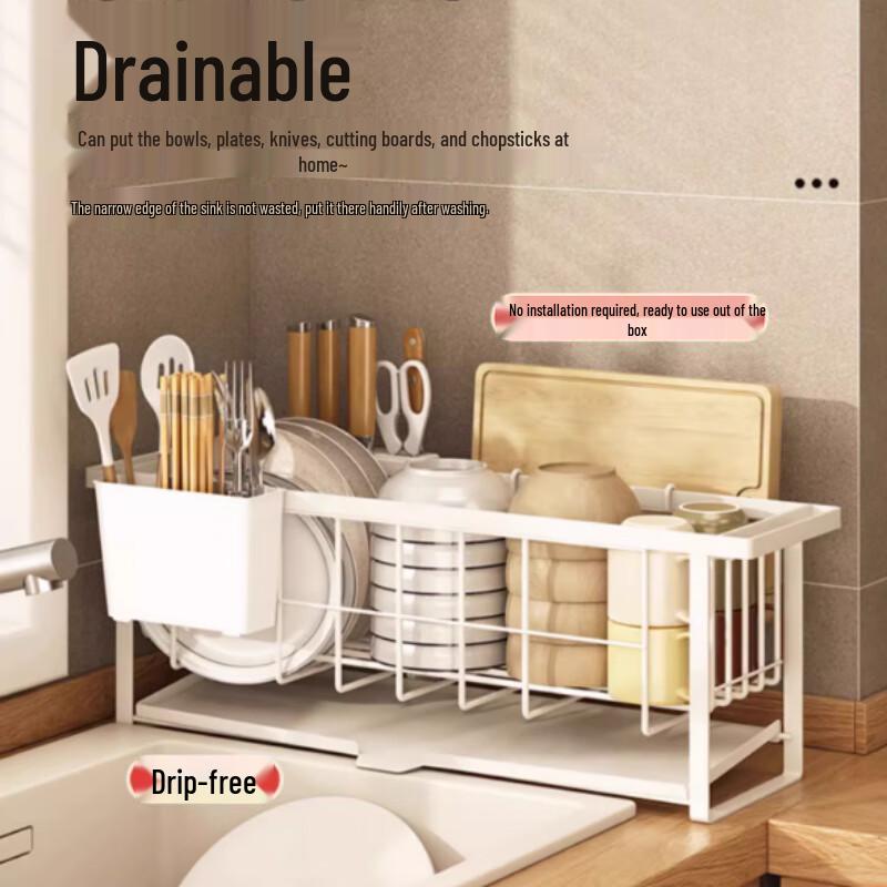 Multi-functional White Dish Drying Rack with Utensil Holders