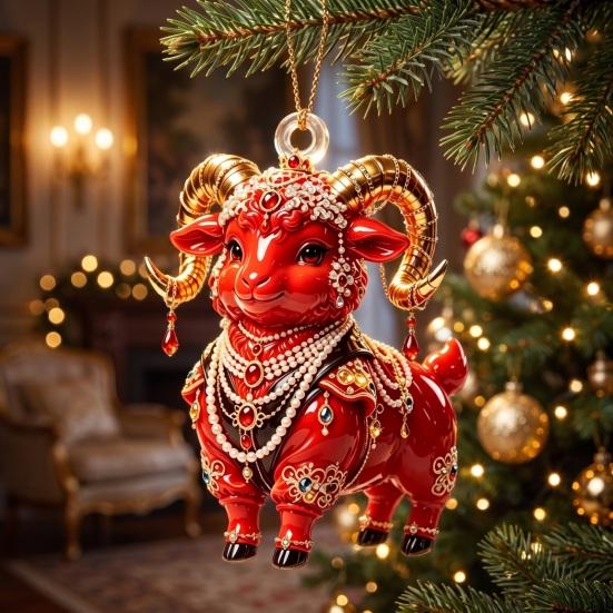 Auspicious Goat Theme Gifts 2D Acrylic Christmas Hanging Ornament, 3.15 Inch Farm Animal Xmas Tree Holiday Car Interior Decor Decoration for Rear View