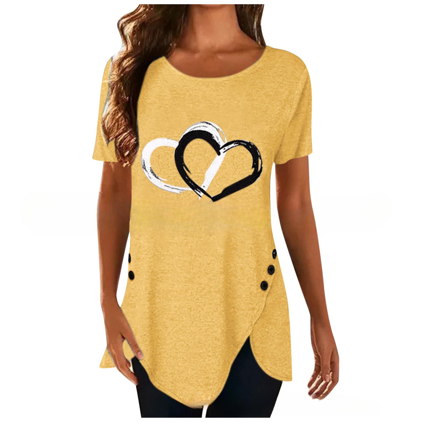 

Жіночі модні повсякденні літні весняні блузки та сорочки з принтом любовного листа з короткими рукавами та круглим вирізом XXXL жовтий