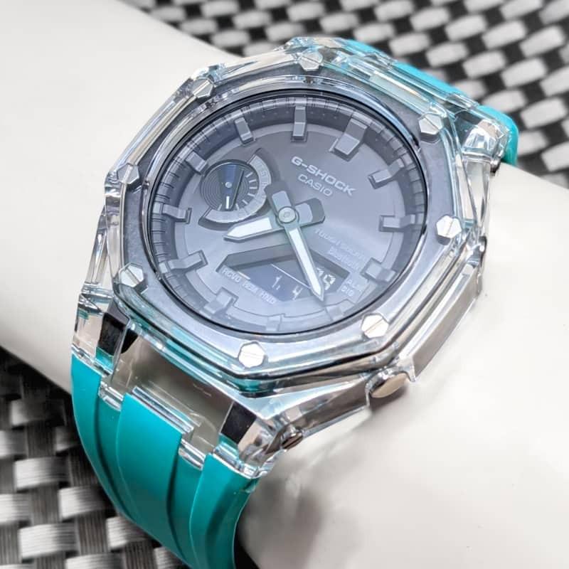 Casio Касиок Кастомный Комплект Безель Бирюзово-Синий G-SHOCK GA-2100/GA-2110/GA-B2100 [Прозрачный + Ремешок] (180~)