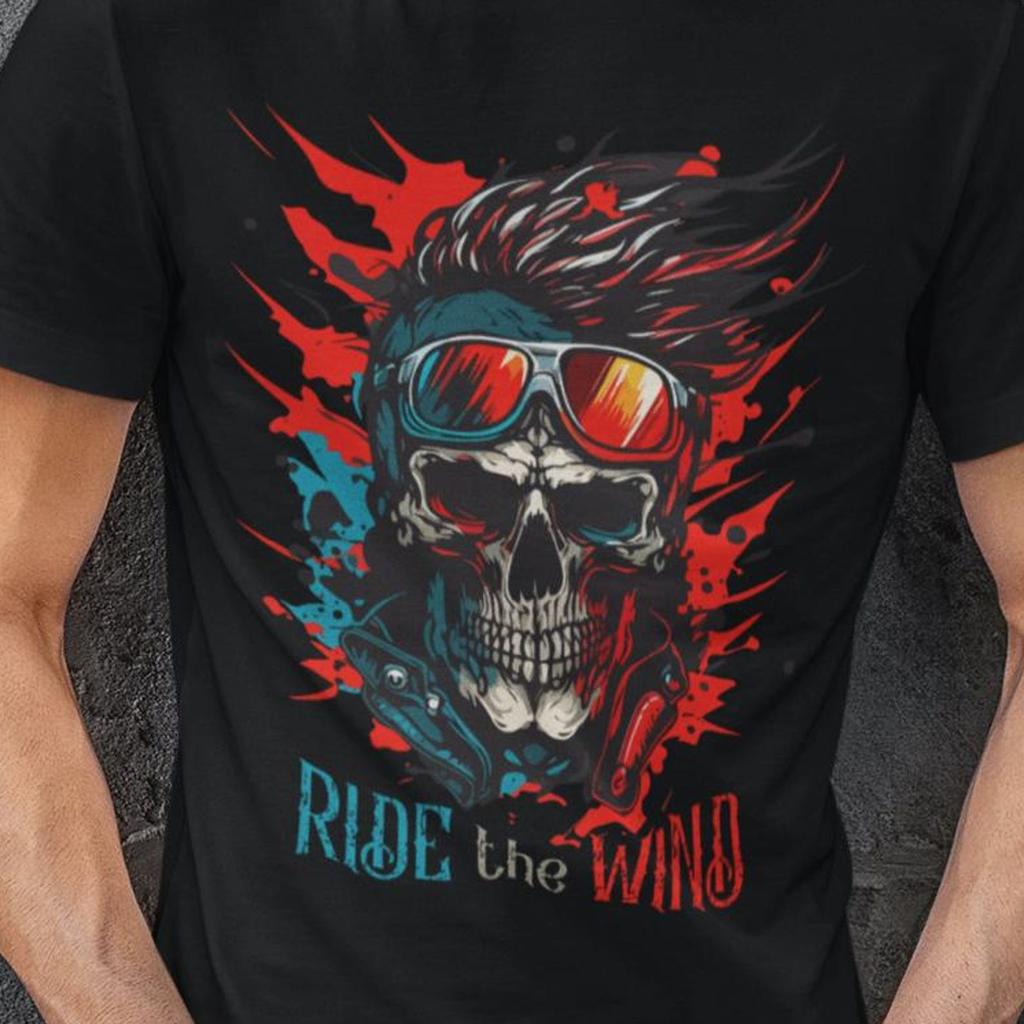 Retro Skull Biker T-Shirt | Ride The Wind Graphic Tee | Vintage Motorcycle Rider Shirt | Gothic Punk Streetwear | Gift for Men