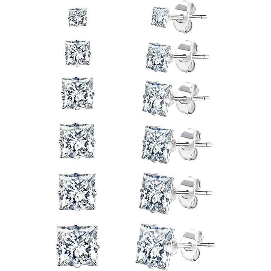 Edelstahl Ohrstecker Set für Herren, 18K Weißgold Plated Quadratische Zirkonia Ohrstecker Hypoallergen Herren Ohrringe Packung 6 Paar für Herren Damen